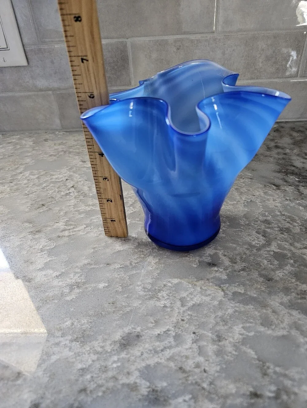 Vintage Cobalt Blue Handkerchief Vase Ruffled Edge Art Glass Swirl Murano Style